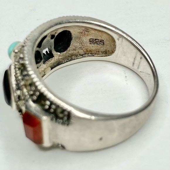Sterling 925 Boho Marcasite Turquoise Blue Onyx Jasper Agate Ring Size 6 - Picture 12 of 14